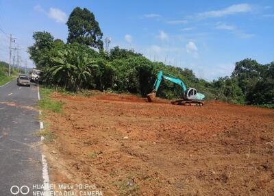 Plot of land with excavator and greenery