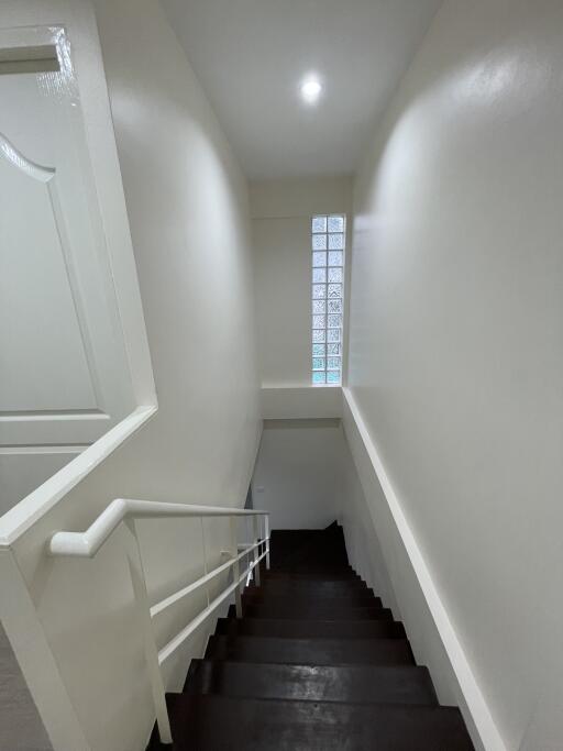 Modern staircase with dark steps and white railings