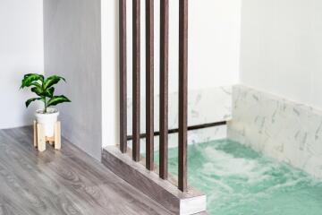 Interior view of a modern bathroom with a jacuzzi