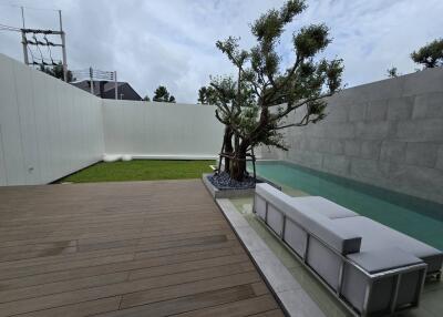 Modern outdoor space with wooden deck, green lawn, and a pool with a tree