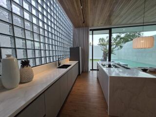 Modern kitchen with island and glass wall