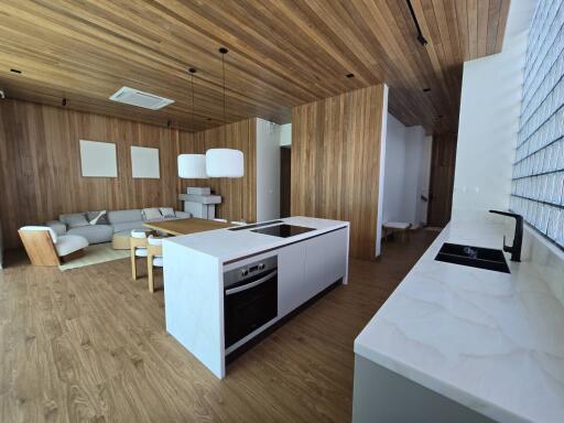 Modern open-plan living and kitchen area with wooden accents