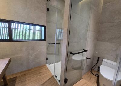 Bathroom with glass shower enclosure and toilet