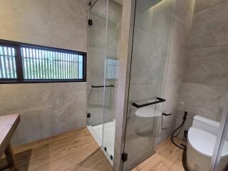 Bathroom with glass shower enclosure and toilet