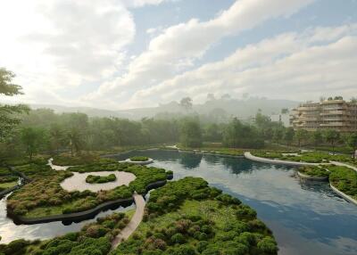 Scenic view of a landscaped garden with water features and surrounding buildings