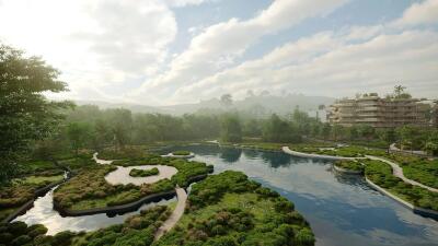 Scenic view of a landscaped garden with water features and surrounding buildings