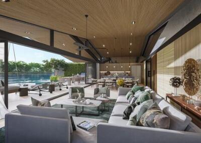 Spacious modern living room with a view of the swimming pool