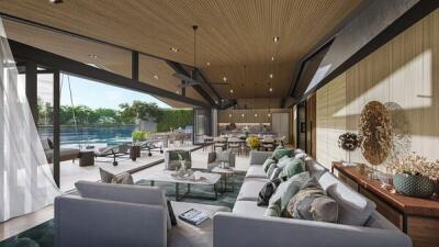 Spacious modern living room with a view of the swimming pool