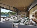 Spacious modern living room with a view of the swimming pool