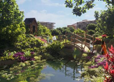 Beautifully landscaped garden with a bridge over a pond