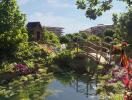 Beautifully landscaped garden with a bridge over a pond