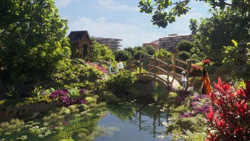 Beautifully landscaped garden with a bridge over a pond