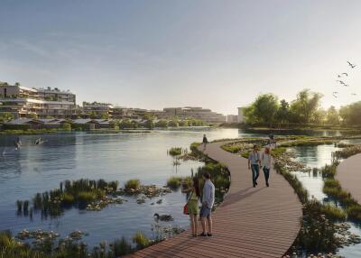 Walkway by the lake in a residential complex