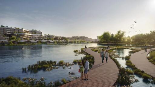 Walkway by the lake in a residential complex