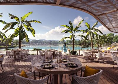 Outdoor dining area with lake view