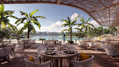 Outdoor dining area with lake view