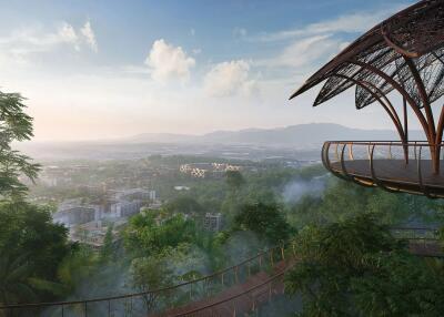 A balcony with a panoramic view over a lush forest and distant buildings