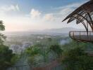 A balcony with a panoramic view over a lush forest and distant buildings