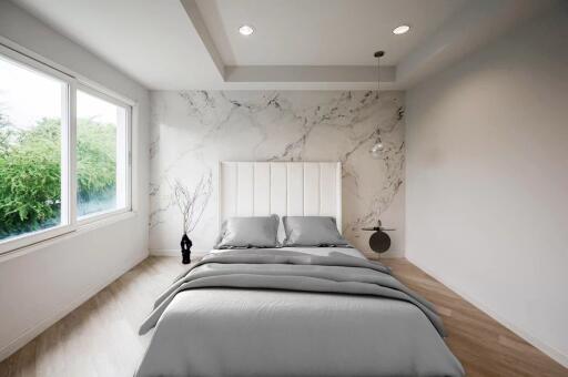 Modern bedroom with marble accent wall and large window