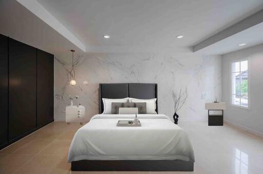 Modern bedroom with large bed and minimalistic decor