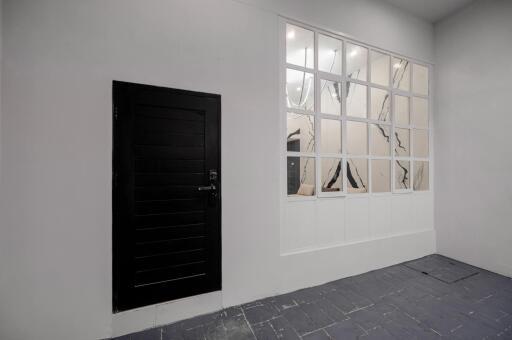 Modern indoor entryway with black door and large window