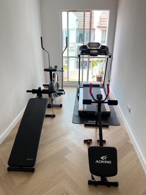 Home gym with various exercise equipment