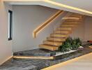 Modern staircase with glass railing and built-in planter