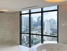 Spacious bathroom with a panoramic city view