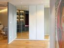 Contemporary interior living space with wall art and mirrored wardrobe