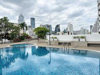 Rooftop pool with city skyline view