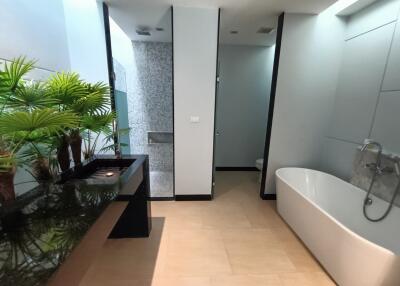 Modern bathroom with bathtub, plants, and sink