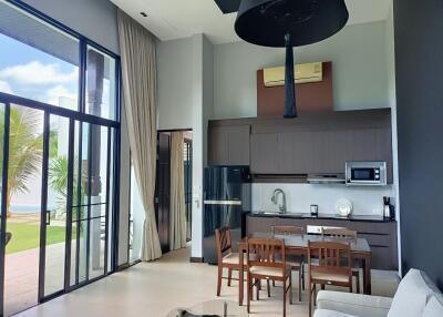 Modern living area with kitchen and large windows