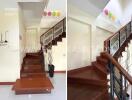 Staircase area with decorative wall features and wooden steps