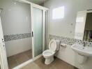 Modern bathroom with shower enclosure, toilet, and sink