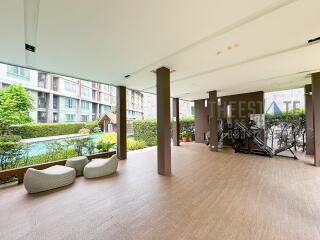 Semi-outdoor area with pool view