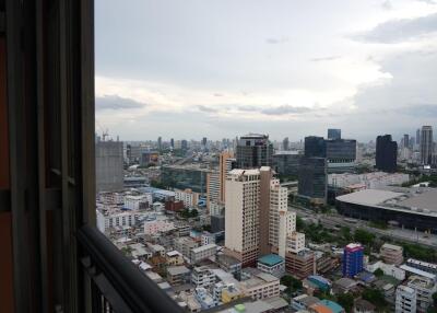 View of city skyline from a balcony