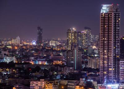 Night view of a city skyline with various illuminated buildings