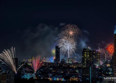 City view at night with fireworks