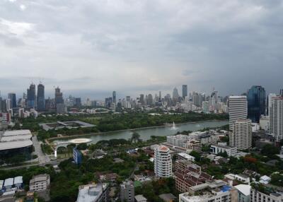 Skyline view of buildings and park with river