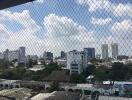 City view from balcony with protective netting