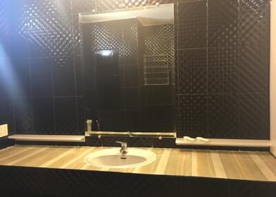 Modern bathroom with black tiled walls