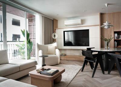 Modern living room with neutral tones and contemporary decor