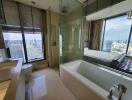 Modern bathroom with city view