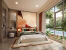 Spacious bedroom with modern decor and large windows overlooking a garden.