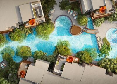 Aerial view of luxurious residential complex with swimming pools