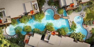 Aerial view of luxurious residential complex with swimming pools