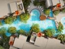 Aerial view of luxurious residential complex with swimming pools