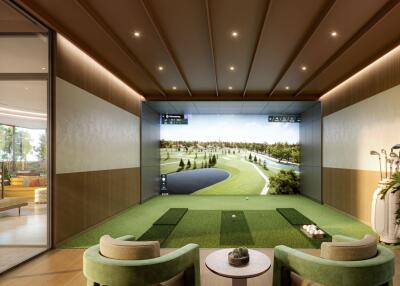 Indoor golf simulation room with seating area