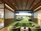 Indoor golf simulation room with seating area