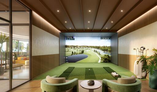 Indoor golf simulation room with seating area